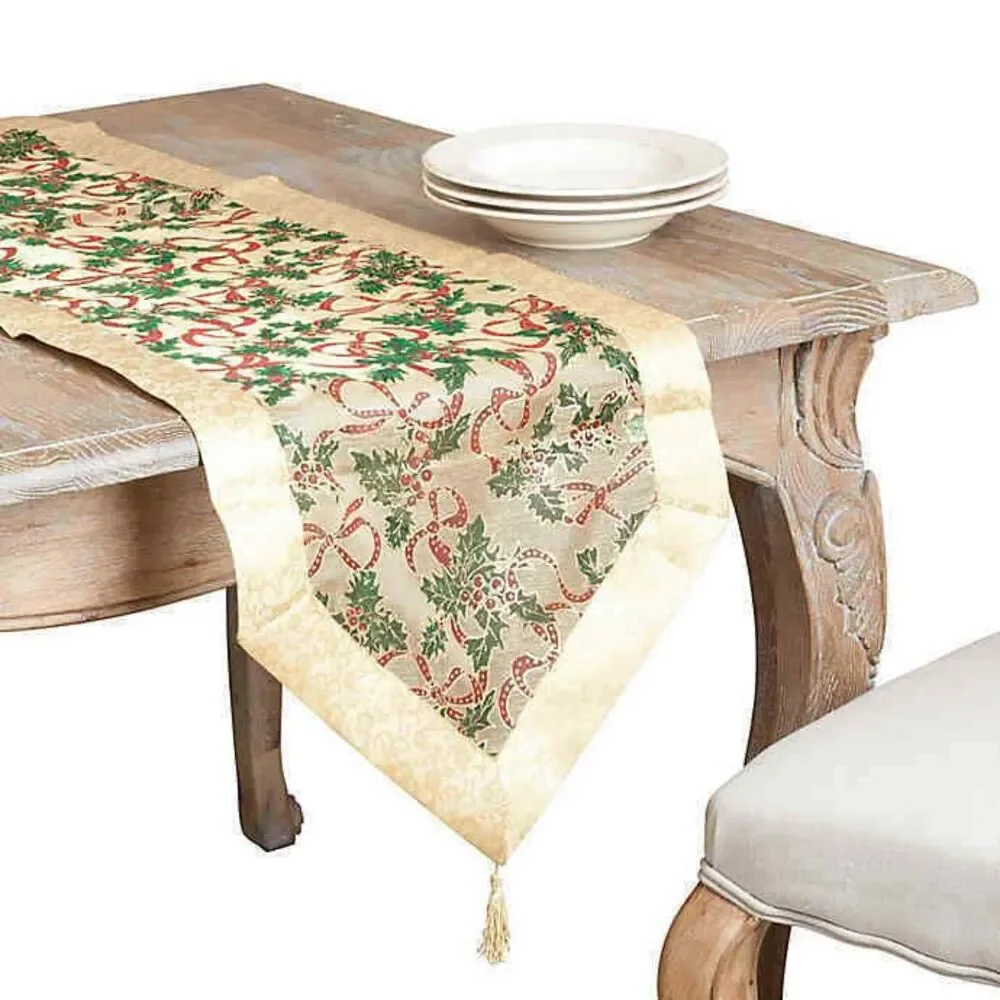 Saro Lifestyle Table Runner Christmas Gold Holly Leaf Semi Sheer Tassels 90x16